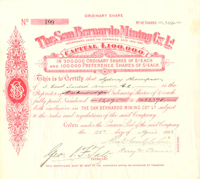 San Bernardo Mining Co. Ld. - Stock Certificate